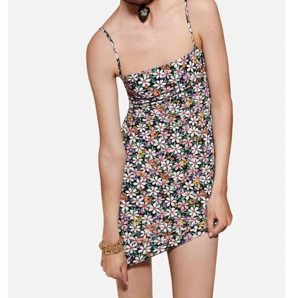 Zara Printed Stretchy Pink Black Floral Spaghetti Strap Mini dress Small Summer - Picture 1 of 5